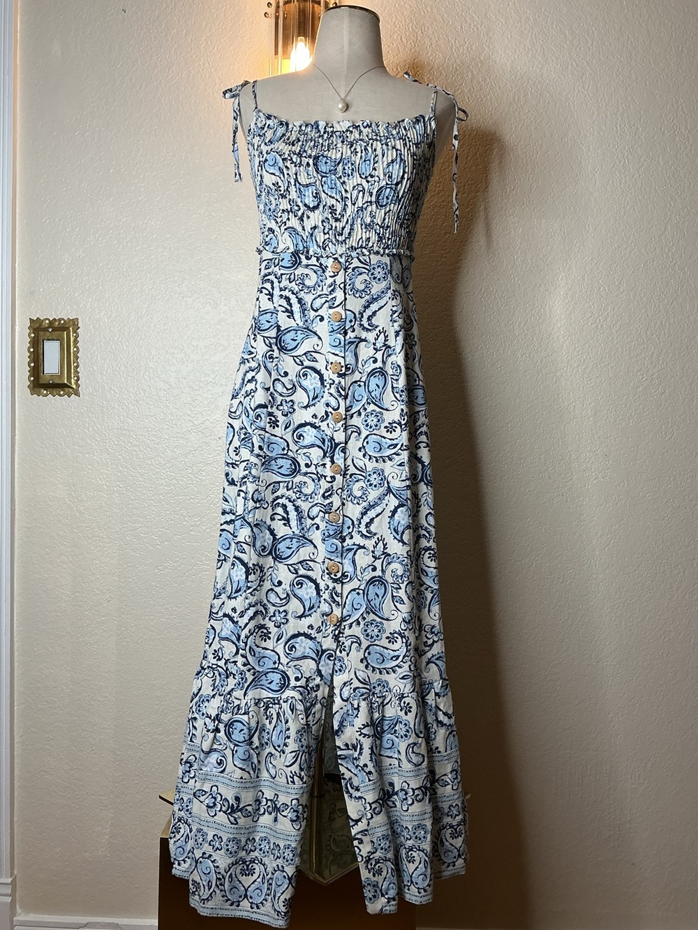 Zara White and Blue Paisley Maxi Dress with Smocked Bodice